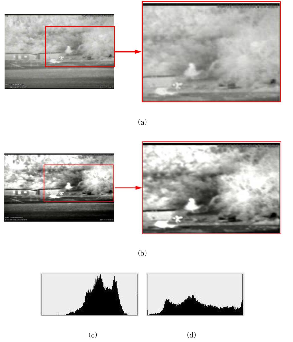 열영상 Camera Result (a) Original Image, (b) Result Image, (c) Original Image의 빨간 네모 부분의 Histogram, (d) Result Image의 빨간 네모 부분의 Histogram