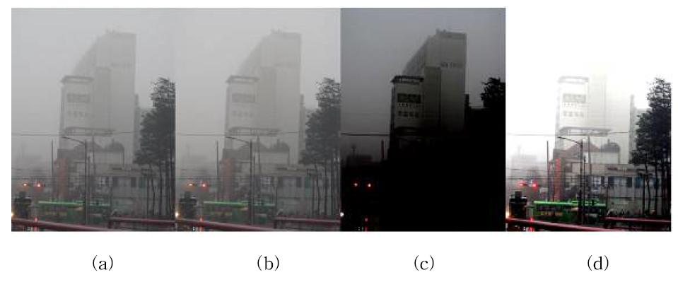 Original foggy image and preprocessing results. (a) foggy image, I (b) white balanced image, I 1, (c) contrast enhanced image after mean subtraction, I 2[17], and (d) fog aware contrast enhanced image, I 3.