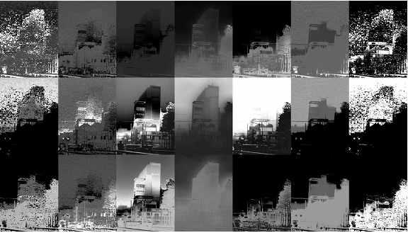 Weight maps. The first, second, and third rows are weight maps of the preprocessed images, I 1,I 2,andI3,shown in Figure 14, respectively. Saturation, chrominance, saliency, perceptual fog density, luminance, contrast, and normalized weight maps are shown from left to right column.