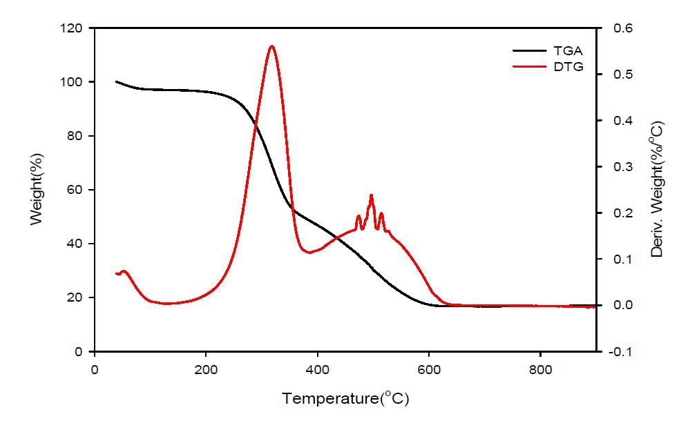왕겨의 TGA-DTG 분석결과.
