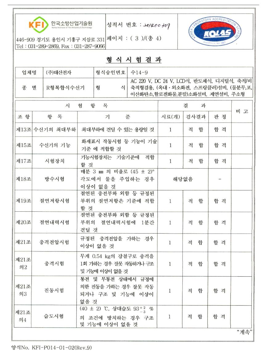 주소형 R형 복합수신기 시험성적서 3