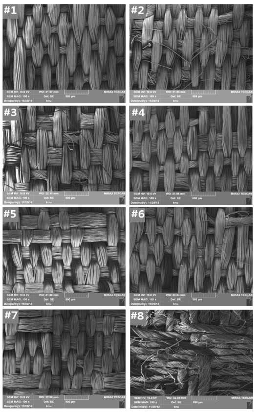 1차 제직된 냉감직물(#1~#7)의 전자현미경 관찰 이미지