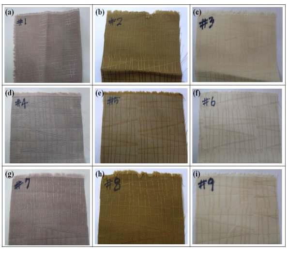 오배자 추출물로 염색한 직물의 색상; (a) 철매염/오배자염색 100% 비스코스레이온 직물, (b) 석회매염/오배자염색 100% 비스코스레이온 직물, (c) 백반매염/오배자염색 100% 비스코스레이온 직물,
