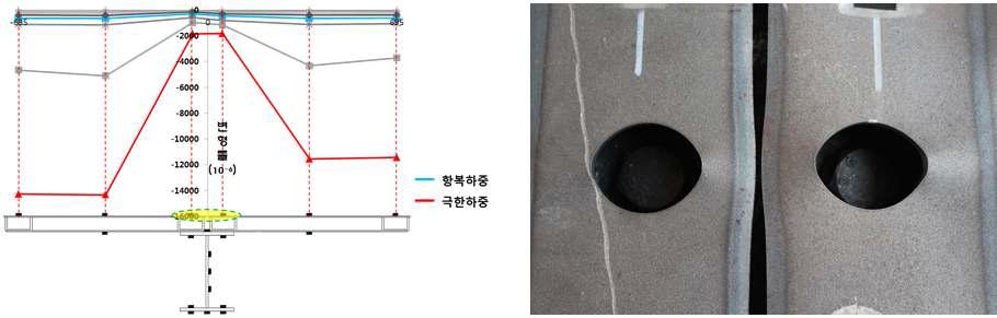 SPS 상부 패널 압축연단에서 계측한 변형률 및 Hole 변형 형상