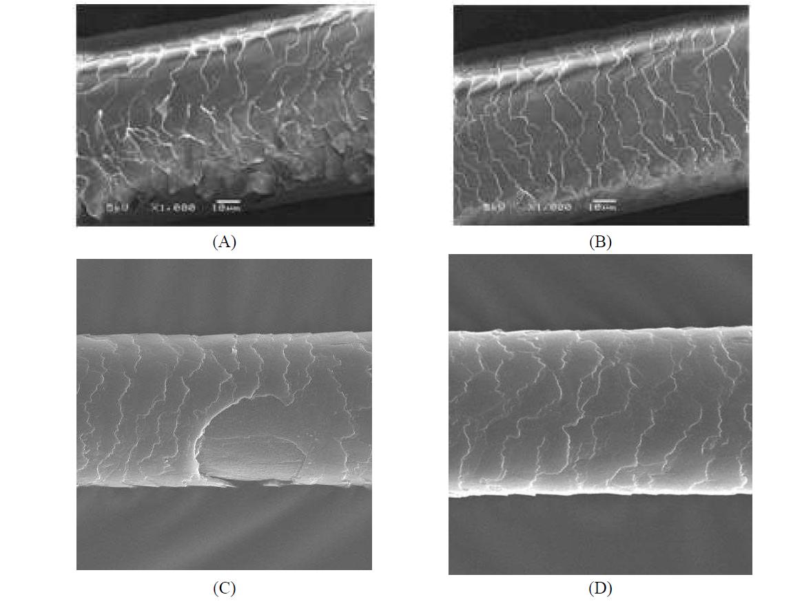SEM Microscope image of the hair before (A, C) and after (B, D) treatment with effervescent tablet personal care product