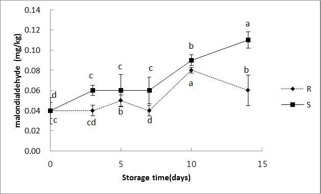 The change of thiobarbituric acid reactive substance (TBARS) values of Sous-Vide cooking chicken breast in raw meat storage (R) and Sous-Vide meat storage (S) at 4℃.