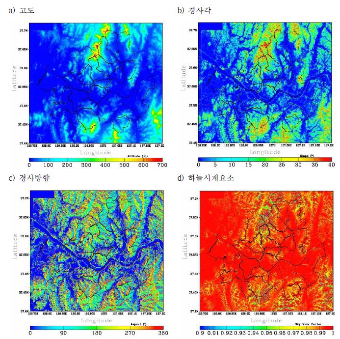 USGS자료를 이용한 서울 지역의 고해상도 지형자료(a)고도, b)경사, c)경사방향, d) 하늘시계요소).