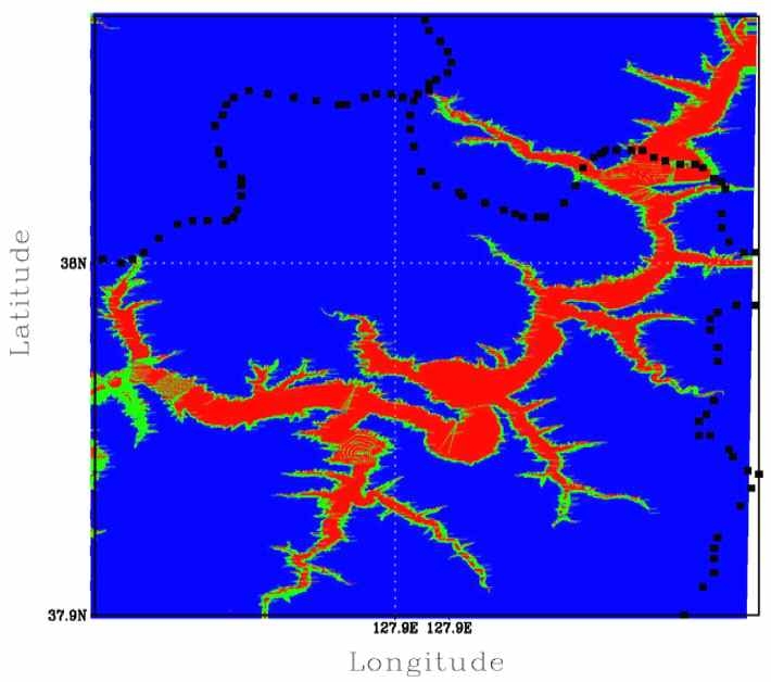 연평균 태양 에너지 도달률(파란색: 산악지역, 초록색: 저수지역, 빨간색: 도달률이 0.9이상인 지역).