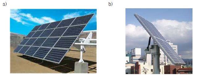 태양광 전지판의 종류: (a) 고정형, (b) 태양 추적형