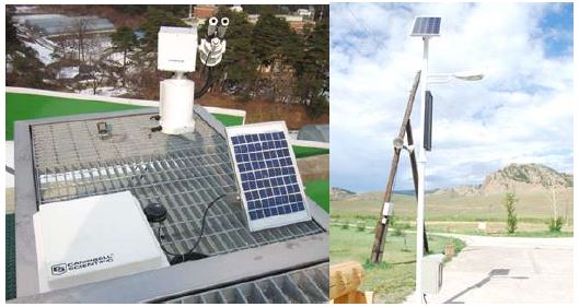 야외 계측 장비(좌)와 가로수(우)의 태양광 충전 장비.