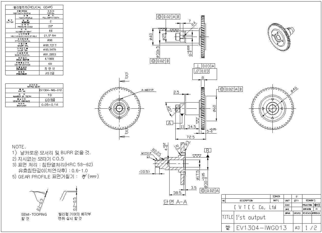 1단 Output 기어 2D 설계도면