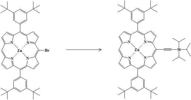 [5,15-Bis(3,5-di-tert-buoxyphenyl)-10-(triisopropylsilyl)ethynyl-porphinato] zinc(II)의 합성 scheme