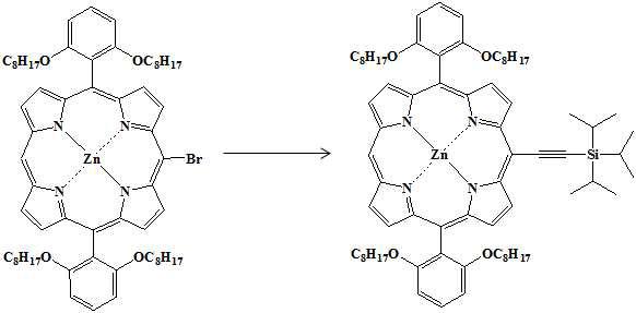 [[5,15-Bis(2,6-di-octoxyphenyl)-10-(triisopropylsilyl)ethynyl-porphinato] zinc(II)의합성 scheme