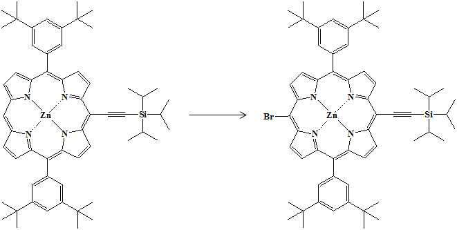 [5-Bromo-15-(triisopropylsilyl)ethynyl-10,20-bis(3,5-di-tert-butooxyphenyl) porphy rinato] zinc(II)의 합성 scheme