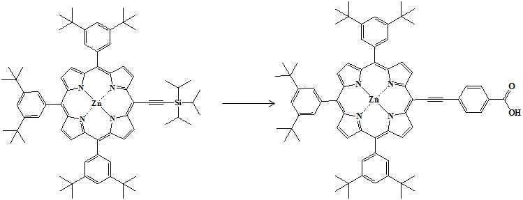 [5-Bromo-15-(triisopropylsilyl)ethynyl-10,20-bis(3,5-di-tert-butooxyphenyl) porphyrinato] zinc(II)의 합성 scheme