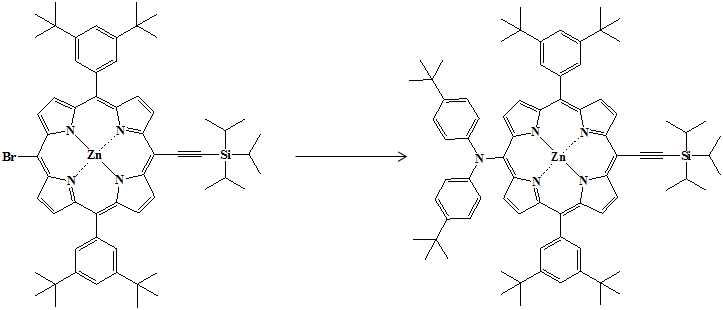 [5-Bis(4-tert-butylphenyl)amino-15-(Triisopropylsilyl)ethynyl-10,20-bis(2,6-di- octoxyphenyl)porphyrinato] Zinc(II)의 합성 scheme