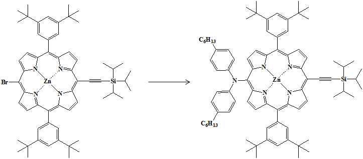 [5-Bis(hexylphenyl)amino-15-(Triisopropylsilyl)ethynyl-10,20-bis(2,6-di- octoxyphenyl)porphyrinato] Zinc(II)의 합성 scheme