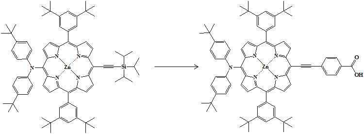 Zinc(II) 5,15-Bis(3,5-di-tert-butylphenyl)-10-(bis(4-tert- butylphenyl)amino)-20-(4-carboxylphenylethynyl)porphyrin (YD1)의 합성 scheme