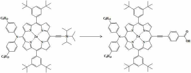 Zinc(II) 5,15-Bis(3,5-di-tert-butylphenyl)-10-(bis(4-hexylphenyl)amino)-20-(4-carboxyphenylethynyl)porphyrin (YD2)의 합성 scheme