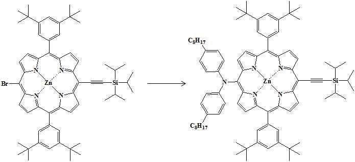 [5-Bis(octylphenyl)amino-15-(Triisopropylsilyl)ethynyl-10,20-bis(2,6-di- octoxyphenyl)porphyrinato] Zinc(II)의 합성 scheme