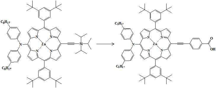 Zinc(II) 5,15-Bis(3,5-di-tert-butylphenyl)-10-(bis(4-octylphenyl)amino)-20-(4-carboxyphenylethynyl)porphyrin (YD11)의 합성 scheme