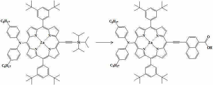 Zinc(II) 5,15-Bis(3,5-di-tert-butylphenyl)-10-(bis(4-octylphenyl)amino)-20-(4-carboxynaphtylethynyl)porphyrin (YD12)의 합성 scheme