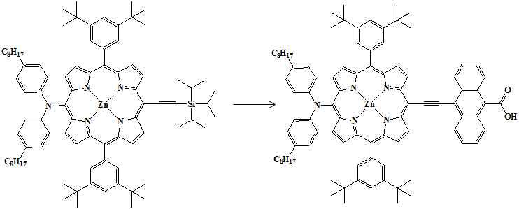 Zinc(II) 5,15-Bis(3,5-di-tert-butylphenyl)-10-(bis(4-octylphenyl)amino)-20-(4-carboxyanthracenylethynyl)porphyrin (YD13)의 합성 scheme