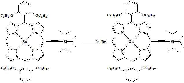 [5-Bromo-15-(triisopropylsilyl)ethynyl-10,20-bis(2,6-di-octoxyphenyl)porphyrina-to]zinc(II)의 합성 scheme