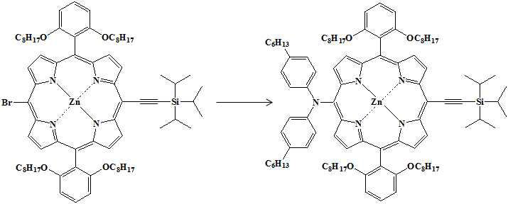 [5-Bis(4-hexylphenyl)amino-15-(Triisopropylsilyl)ethynyl-10,20-bis(2,6-di-octoxyphenyl)porphyrinato] Zinc(II)의 합성 scheme