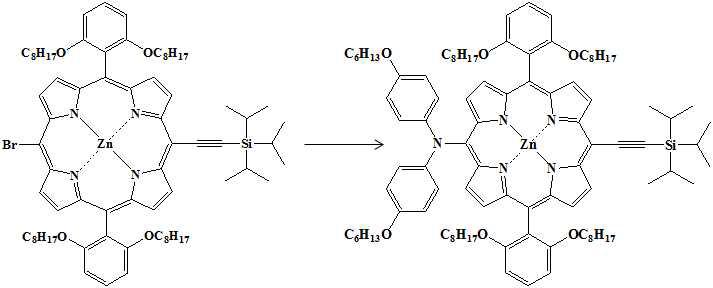 [5-Bis(4-hexyloxyphenyl)amino-15-(Triisopropylsilyl)ethynyl-10,20-bis(2,6-di- octoxyphenyl)porphyrinato] Zinc(II)의 합성 scheme