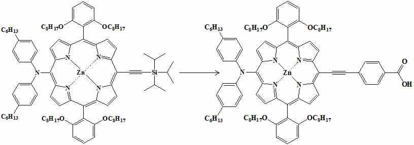 [5-Bis(4-hexylphenyl)amino-15-(4-carboxyphenyl)ethynyl-10,20-bis(2,6-di-octoxyphenyl)porphyrinato] Zinc(II) (YD2-o-c8)의 합성 scheme