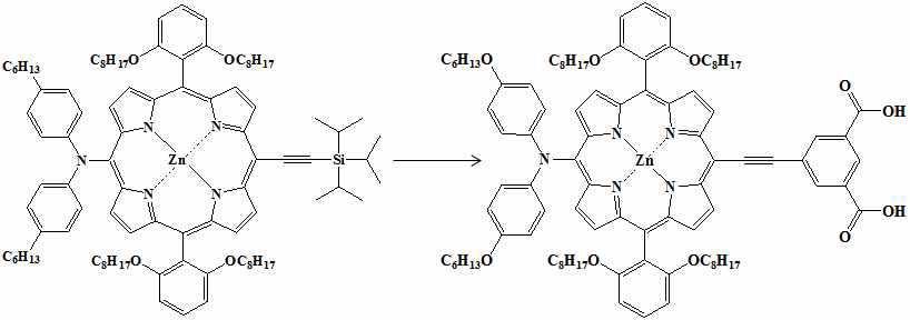 [5-Bis(4-hexyloxyphenyl)amino-15-(3,5-dicarboxyphenyl)ethynyl-10,20-bis(2,6-di-octoxyphenyl)porphyrinato] Zinc(II) (PVD-Z3000I)의 합성 scheme