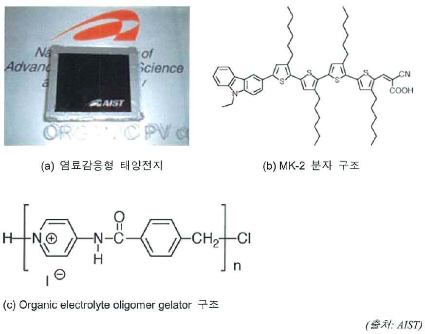 새로운 염료와 전해질을 적용하여 AIST가 개발한 염료감응형 태양전지(a), MK-2 염료의 분자구조(b), 전해질의 구조(c)
