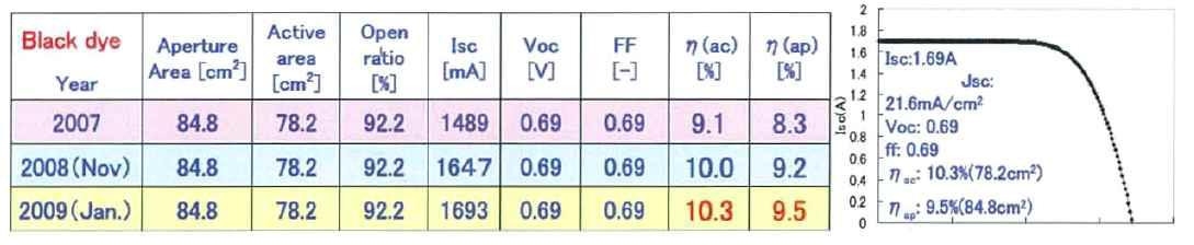 Black dye를 적용한 100mm*100mm sub-module 광전변환효율