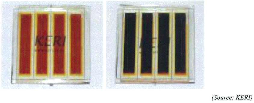 한국전기연구원의 백금 상대전극(좌)과 탄소나노튜브 상대전극(우)을 이용한 염료감응형 태양전지 모듈