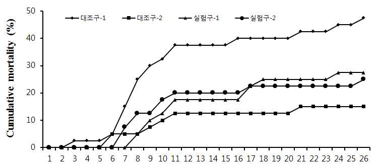 Fig 17. S. iniae의 복강주사에 의한 실험구별 넙치의 누적폐사율.