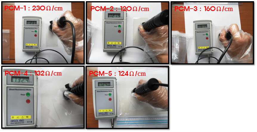 그림 22. ITO/SiO2/Nb2O5/Plastic(PMMA+PC) 샘플의 면저항 측정 사진