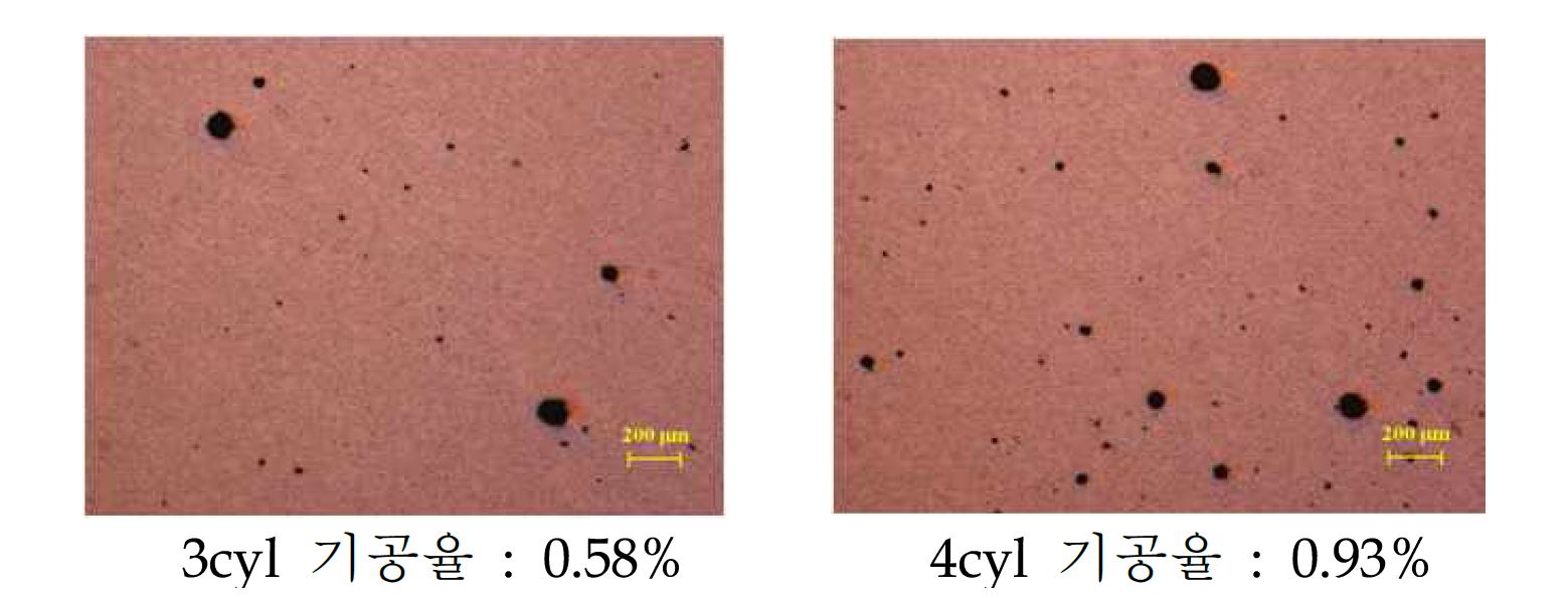 그림 14. x50배율에서 본 3,4기통 제품의 기공율 단측면