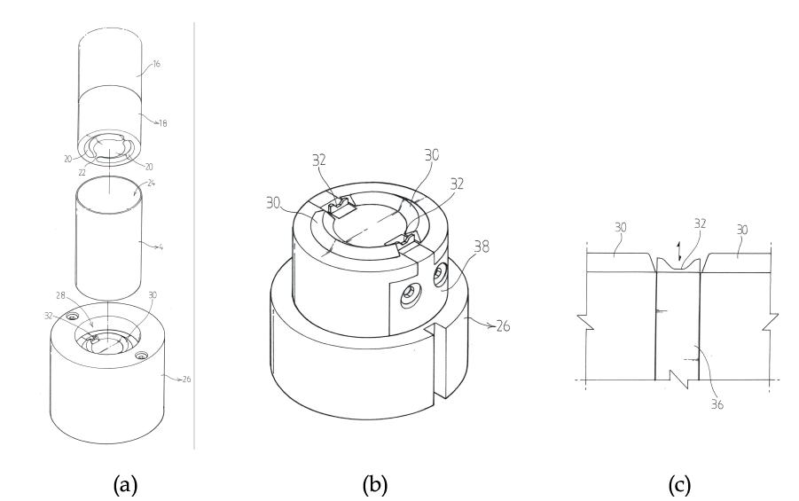 특허관련 도면, (a) 상부 펀치, 원통케이스, 하부 다이 (b) 하부 다이 (c) 스파이크