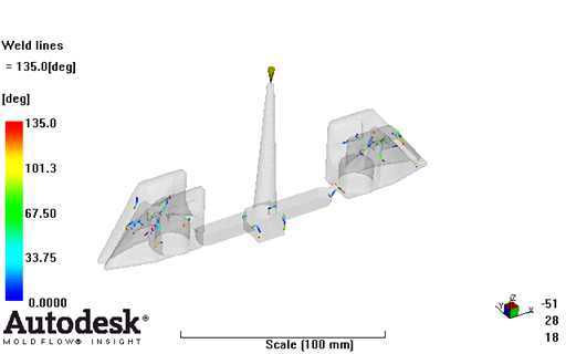 그림 10. Mold flow를 통한 Oiljet weld line.