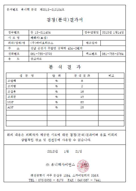 Figure 19. 보성농업기술센터 버섯폐배지의 조단백 외 5성분 검정 결과서