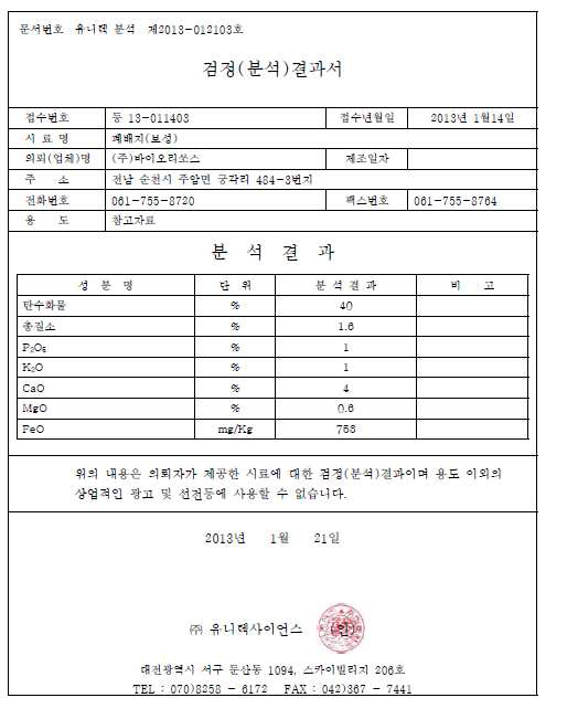 Figure 20. 보성농업기술센터 버섯폐배지의 탄수화물 외 6성분 검정 결과서