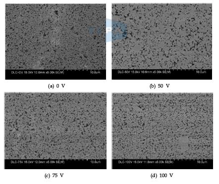 그림 12. 바이어스 전압에 따른 DLC 박막의 표면 SEM 사진.