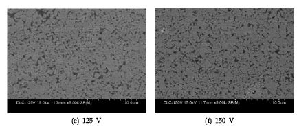 그림 12. 바이어스 전압에 따른 DLC 박막의 표면 SEM 사진.