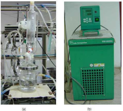 그림 8. 반응장치; (a) 4구2중자켓반응기 (b) 냉/온수 조절기