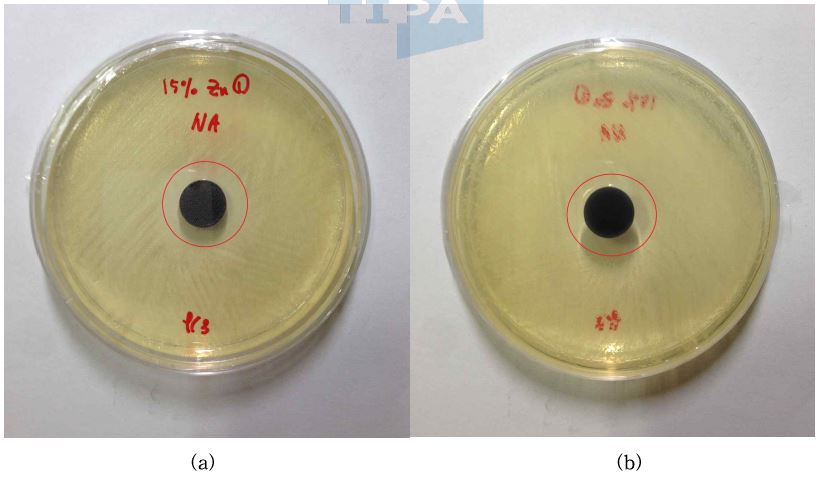 그림 36. 아연 15wt% 첨착 활성탄의 황색포도상구균에 대한 항균검사