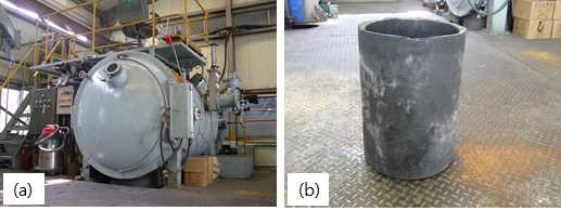 그림 1. 150kg급 batch type 진공유도용해설비 (a) 용해로, (b) graphite 도가니