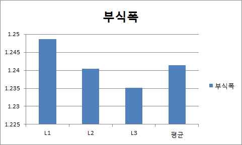 L형의 부식폭의 자료로 측정위치에 따라 부식폭의 차가 매우 적음(미소 차이;0.013mm). 평균치는 1.242mm임.