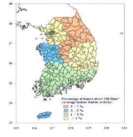 전국적 라돈 검출 결과(KINS, 2001)