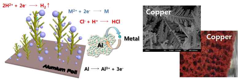 갈바닉 치환반응에 의한 Dendrite형 나노분말 형성 모식도 및 Dendrite 구조의 구리분말의 구조 실제 예